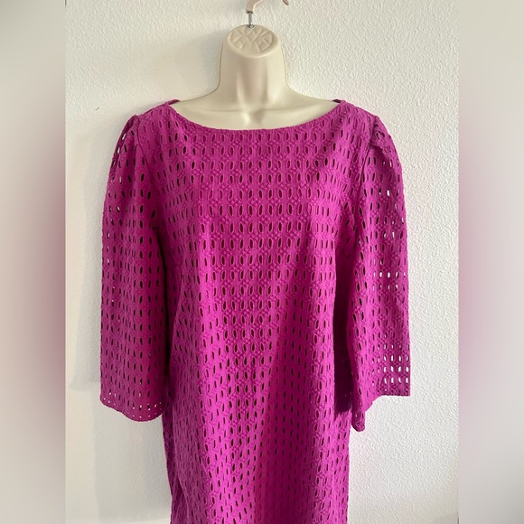 Ann Taylor XXL 2XL NWT Magenta Pink Eyelet Boatneck Shift Dress 3/4 Sleeve - Picture 4 of 11